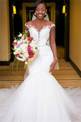 New Arrival Cap Sleeves Mermaid Long Wedding Dress with Lace Appliques