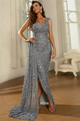 New Arrival Gray One Shoulder Sequins Evening Dress Long Mermaid With Ruffle