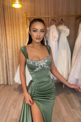 New Arrival Olive Green Straps Mermaid Evening Dress Pleats Ruffles With High Slit