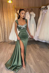 New Arrival Olive Green Straps Mermaid Evening Dress Pleats Ruffles With High Slit