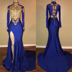 New Arrival Royal Blue Long Sleeve Good Appliques High Neck Prom Dress
