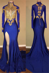 New Arrival Royal Blue Long Sleeve Good Appliques High Neck Prom Dress