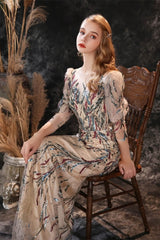 New Half Sleeves Sequins Mermaid Prom Gown w/ Sheer Long Sleeves