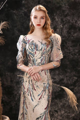 New Half Sleeves Sequins Mermaid Prom Gown w/ Sheer Long Sleeves