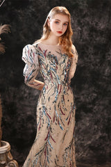 New Half Sleeves Sequins Mermaid Prom Gown w/ Sheer Long Sleeves