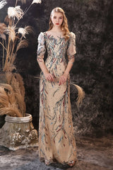 New Half Sleeves Sequins Mermaid Prom Gown w/ Sheer Long Sleeves