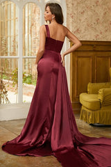 Newest Burgundy One Shoulder Side Slit Sequins Prom Dresses