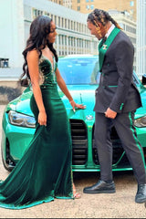 Newest Dark Green Velvet Sweetheart Side Slit Prom Dress with Beads