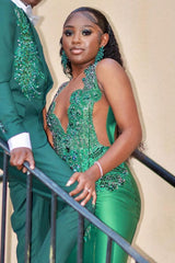 Newest Green Sleeveless Crystal Mermaid Jewel Prom Dress