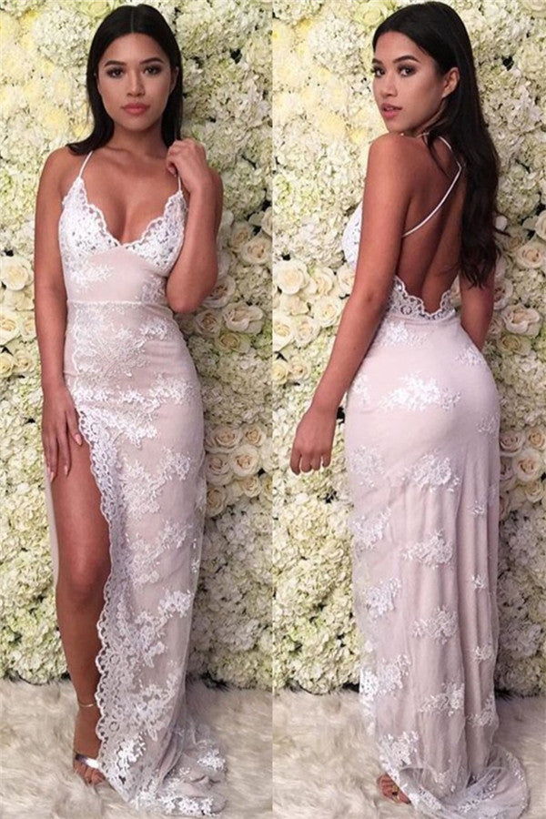 Newest Pink Lace Spaghetti Straps Sheath Side Slit Prom Dress