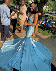 Newest Sky Blue V-Neck Appliques Sleeveless Prom Dress
