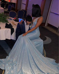 Newest Sky Blue V-Neck Appliques Sleeveless Prom Dress