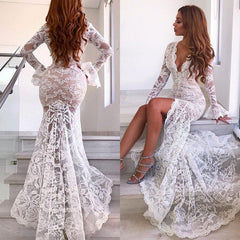Newest White Lace V-Neck Long Sleeve Front-Split Prom Dress
