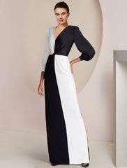 Aimishang Sheath / Column Mother of the Bride Dress Formal Wedding Guest Party Elegant V Neck Floor Length Stretch Satin 3/4 Length Sleeve with Color Block