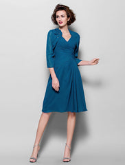 Aimishang  A-Line Mother of the Bride Dress Wrap Included V Neck Knee Length Chiffon 3/4 Length Sleeve with Criss Cross Side Draping Flower