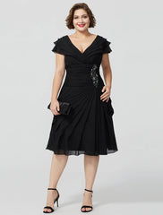 Aimishang A-Line Mother of the Bride Dress Plus Size Elegant Sexy V Neck Knee Length Chiffon Short Sleeve No with Beading Tiered