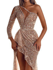 Mermaid / Trumpet Prom Dresses Sparkle & Shine Dress Wedding Guest Formal Evening Sweep / Brush Train Long Sleeve One Shoulder Sequined with Sequin 2025