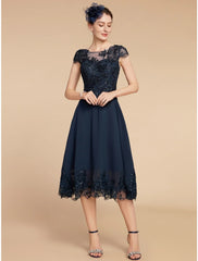Aimishang  A-Line Mother of the Bride Dress Wedding Guest Elegant Petite Scoop Neck Tea Length Chiffon Lace Cap Sleeve with Sequin Ruching Solid Color