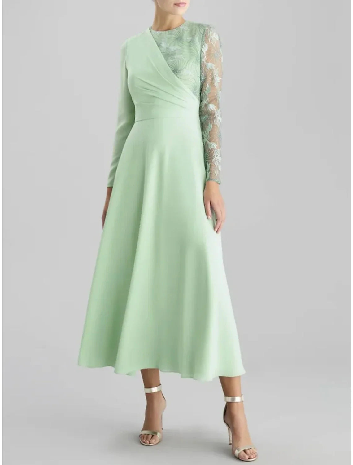 Aimishang A-Line Mother of the Bride Dress Wedding Guest Party Elegant Jewel Neck Tea Length Satin Lace Long Sleeve with Ruching Solid Color