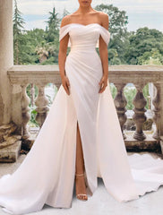 Aimishang Hall Casual Wedding Dresses Sheath / Column Off Shoulder Cap Sleeve Court Train Satin Bridal Gowns With Split Front Side-Draped