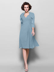 A-Line Mother of the Bride Dress Wrap Included V Neck Knee Length Chiffon 3/4 Length Sleeve with Criss Cross Side Draping