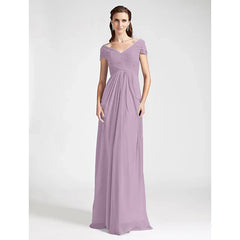 Sheath / Column Bridesmaid Dress V Neck / Off Shoulder Short Sleeve Open Back Floor Length Chiffon with Criss Cross / Draping