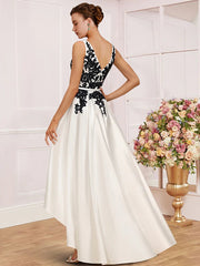 A-Line Mother of the Bride Dress Wedding Guest Party Elegant V Neck Asymmetrical Satin Lace Sleeveless