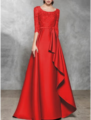 A-Line Evening Gown Black Dress Plus Size Elegant Dress Formal Wedding Floor Length Half Sleeve Scoop Neck Satin with Pleats 2025