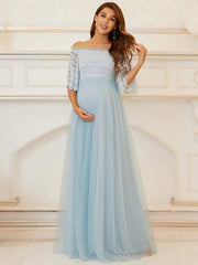 A-Line Mother of the Bride Dress Maternity Elegant Off Shoulder Floor Length Lace Tulle Sleeveless with Tier Beautiful