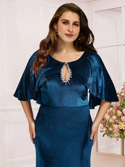 Plus Size Curve Mother of the Bride Dress Wedding Guest Vintage Elegant Scoop Neck Sweep / Brush Train Velvet Half Sleeve with Lace Pleats Beading