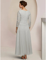 Aimishang A-Line Mother of the Bride Dress Wedding Guest Elegant Jewel Neck Ankle Length Chiffon Long Sleeve with Lace Pleats Appliques