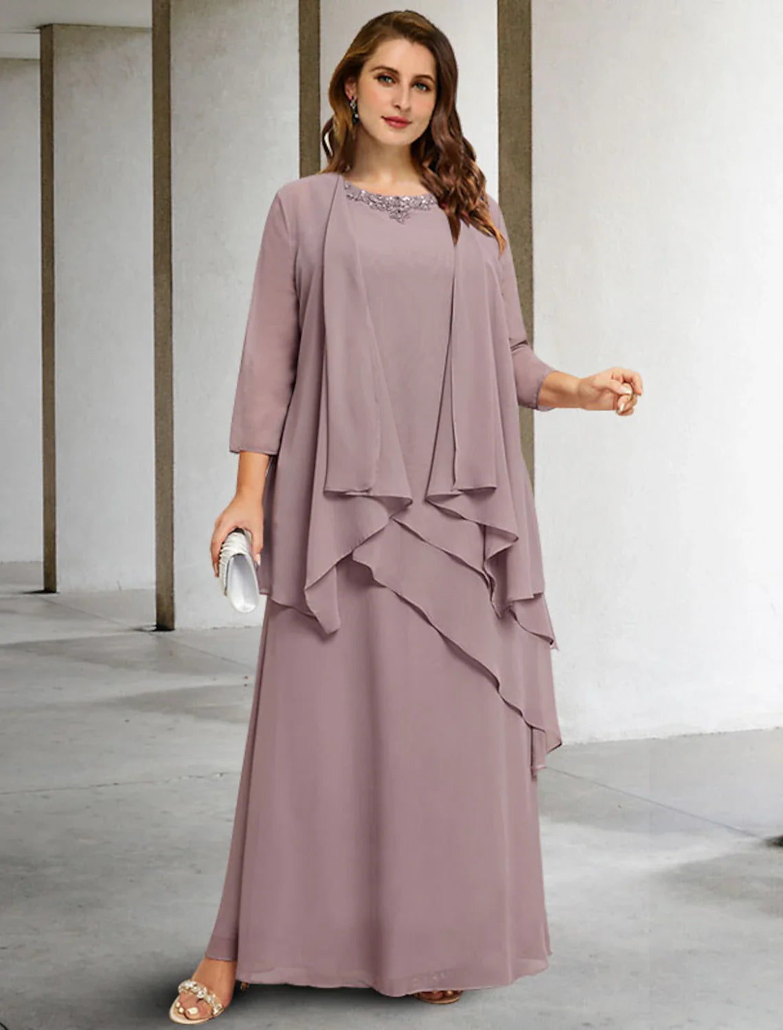 Aimishang  Two Piece A-Line Mother of the Bride Dresses Plus Size Hide Belly Curve Elegant Dress Formal Floor Length Sleeveless Jewel Neck Chiffon with Sequin Ruffles Appliques