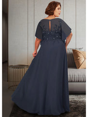 Aimishang A-Line Mother of the Bride Dress Plus Size Elegant Jewel Neck Floor Length Chiffon Lace Half Sleeve with Appliques