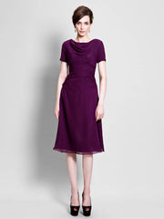A-Line Mother of the Bride Dress Cowl Neck Tea Length Chiffon Short Sleeve with Ruched Side