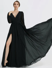A-Line Evening Gown Elegant Dress Formal Floor Length Long Sleeve V Neck Chiffon with Slit