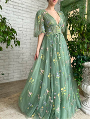 A-Line Prom Dresses Elegant Dress Wedding Guest Wedding Party Floor Length Short Sleeve V Neck Lace with Appliques Strappy