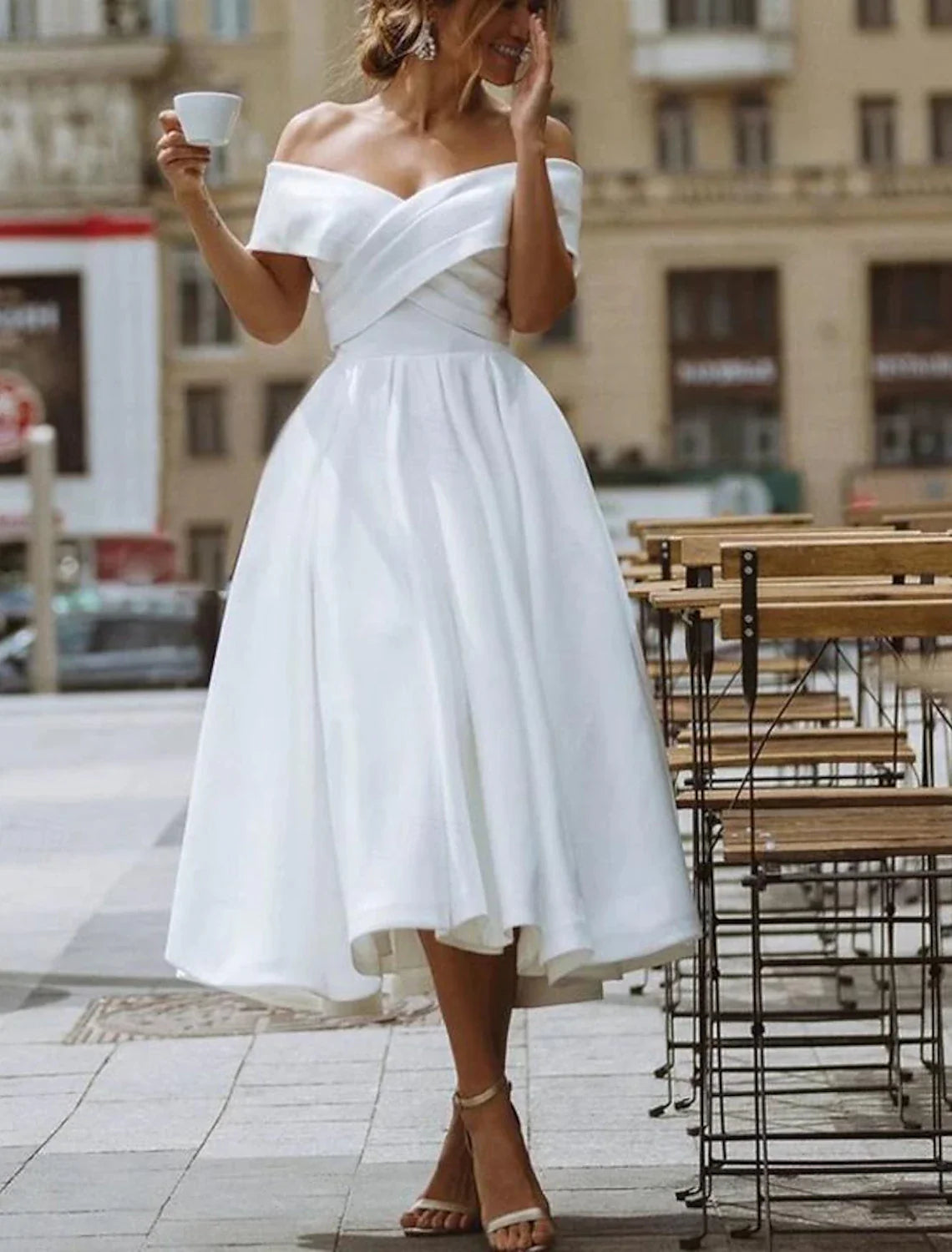 Aimishang Simple Wedding Dresses Satin Little White Dresses A-Line Off Shoulder Formal Short Sleeve Tea Length Bridal Gowns With Solid Color