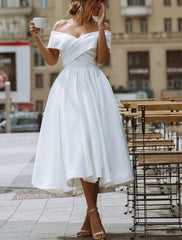 Aimishang Simple Wedding Dresses Satin Little White Dresses A-Line Off Shoulder Formal Short Sleeve Tea Length Bridal Gowns With Solid Color