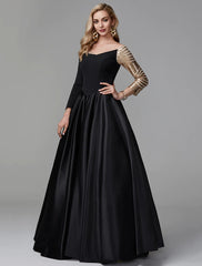 Black Sparkle Formal Evening Dress Off Shoulder Long Sleeve Floor Length Satin with Sequin