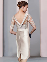 Aimishang  Sheath / Column Mother of the Bride Dress Wedding Guest Elegant Scoop Neck Knee Length Satin Lace Half Sleeve with Bow(s) Appliques