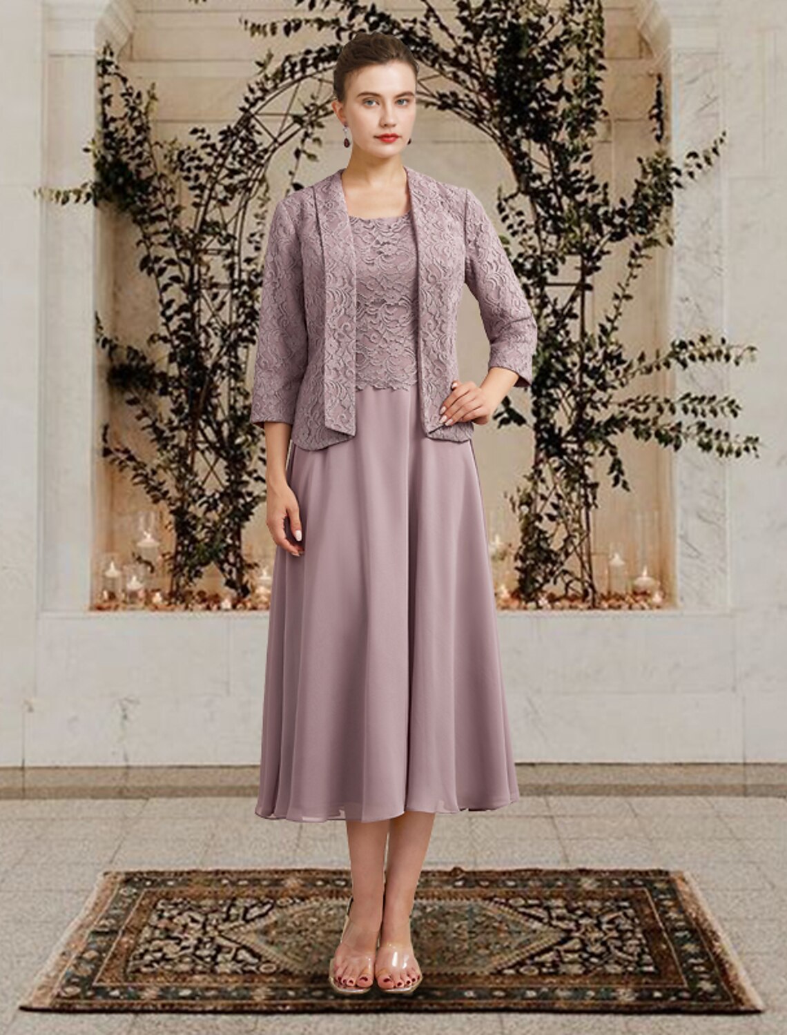 Aimishang  Two Piece A-Line Mother of the Bride Dress Church Elegant Jewel Neck Floor Length Tea Length Chiffon Lace Sleeveless Short Jacket Dresses with Ruffles Appliques