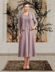 Aimishang  Two Piece A-Line Mother of the Bride Dress Church Elegant Jewel Neck Floor Length Tea Length Chiffon Lace Sleeveless Short Jacket Dresses with Ruffles Appliques