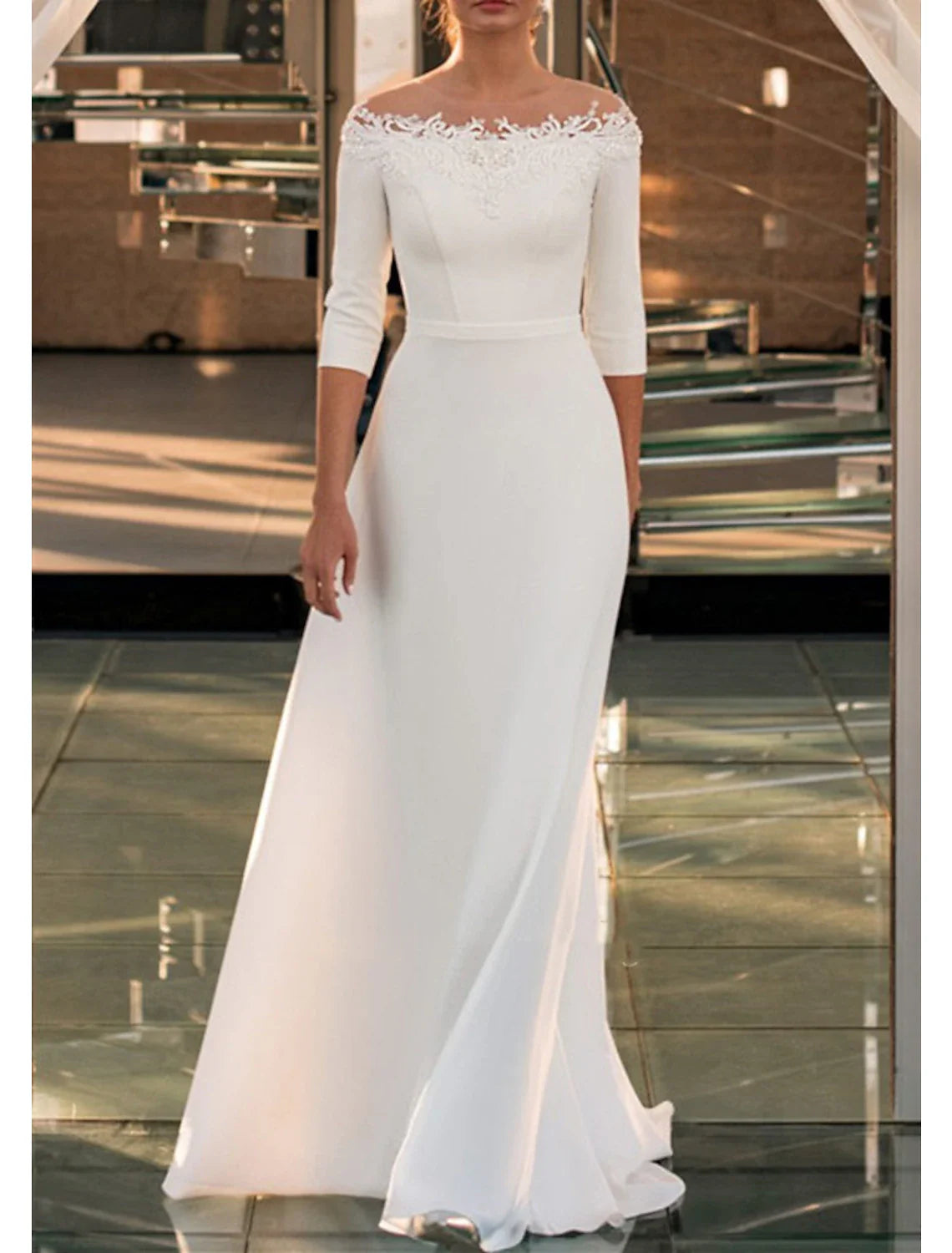 Aimishang Engagement Formal Wedding Dresses A-Line Off Shoulder 3/4 Length Sleeve Sweep / Brush Train Lace Bridal Gowns With Appliques Solid Color