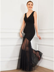 Mermaid / Trumpet Evening Gown Elegant Dress Wedding Guest Formal Evening Floor Length Sleeveless V Neck Tulle V Back with Draping Pure Color