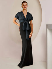 Aimishang  Sheath / Column Mother of the Bride Dress Formal Wedding Guest Party Elegant Jewel Neck Floor Length Satin Short Sleeve with Bow(s) Color Block