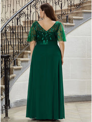 A-Line Prom Dresses Evening Party Floor Length Short Sleeve  Chiffon V Back with Sequin