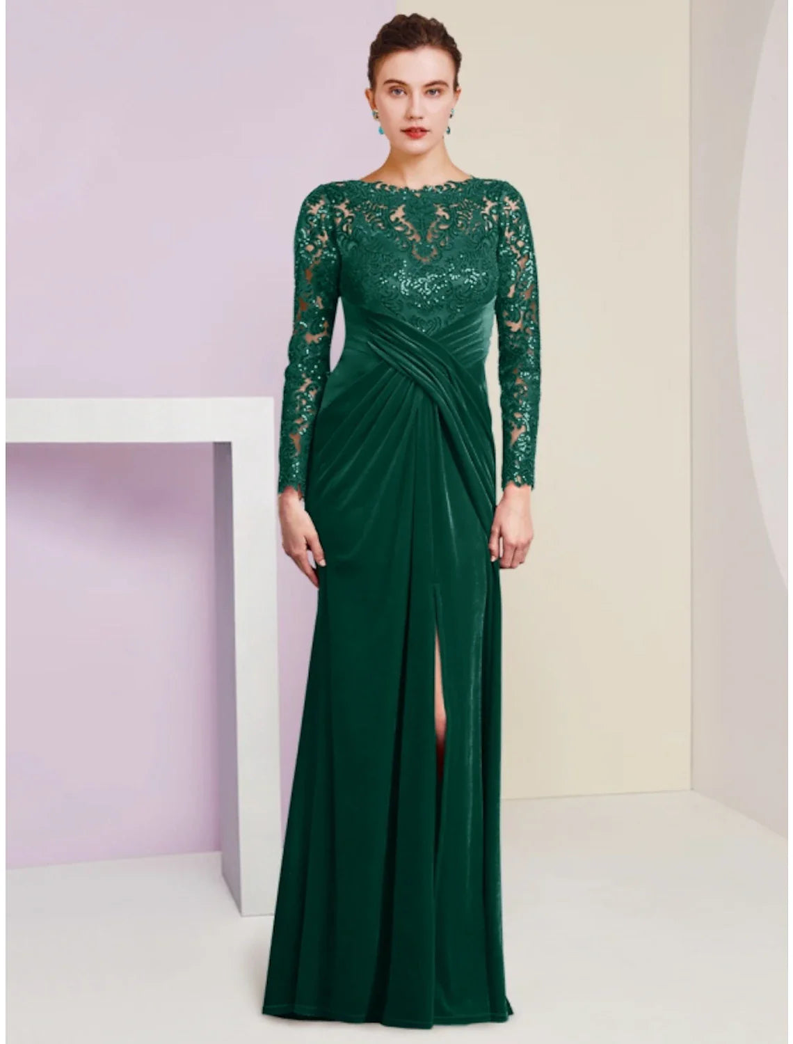 Aimishang  A-Line Mother of the Bride Dress Wedding Guest Party Elegant Scoop Neck Floor Length Velvet Long Sleeve with Lace Sequin Split Front