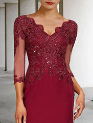 Aimishang  Mermaid / Trumpet Mother of the Bride Dress Luxurious Elegant V Neck Court Train Lace Stretch Chiffon 3/4 Length Sleeve with Sequin Appliques