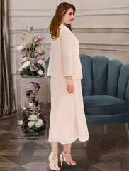 Aimishang  Two Piece A-Line Mother of the Bride Dresses Plus Size Hide Belly Curve Elegant Dress Formal Ankle Length Half Sleeve Jewel Neck Chiffon with Beading