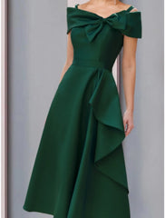 Aimishang  A-Line Mother of the Bride Dress Wedding Guest Elegant Off Shoulder Tea Length Satin Short Sleeve with Bow(s) Ruffles Ruching